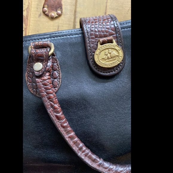 VINTAGE BRAHMIN DESIGNER BLACK 100% LEATHER BROWN CROC STRUCTURED BAG PURSE - Picture 10 of 16